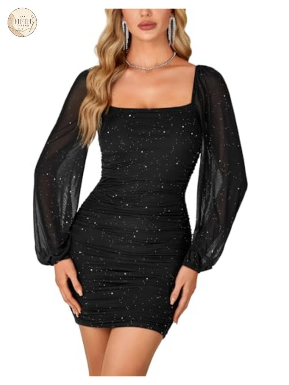 Glitter Mesh Long Sleeve Ruched Bodycon Mini Dress Square Neck
